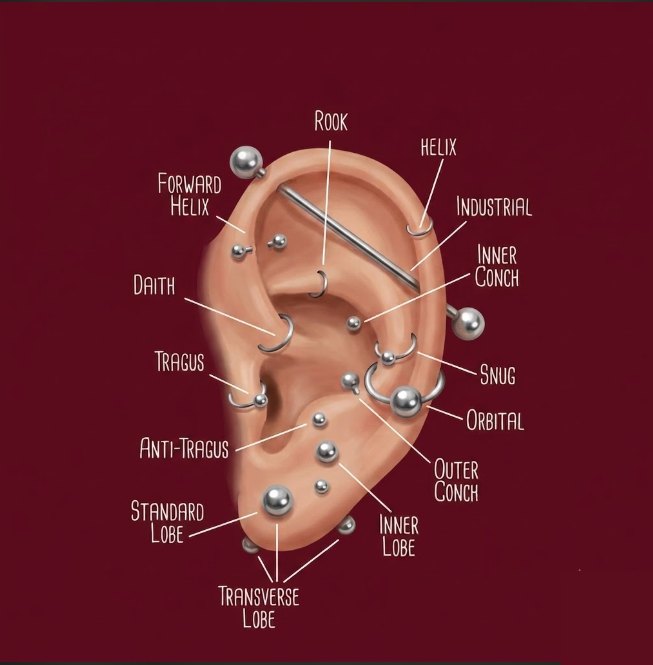 Mapa de zonas de piercing en la oreja: hélix, forward hélix, rook, industrial, daith, inner/outer conch, snug, orbital, tragus, anti-tragus y lóbulo
