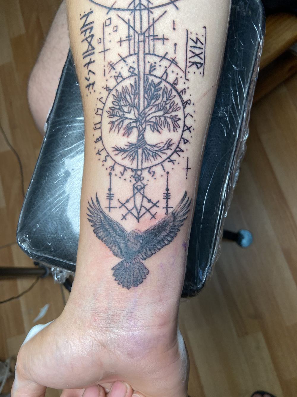Brújula y ave en dotwork, manga