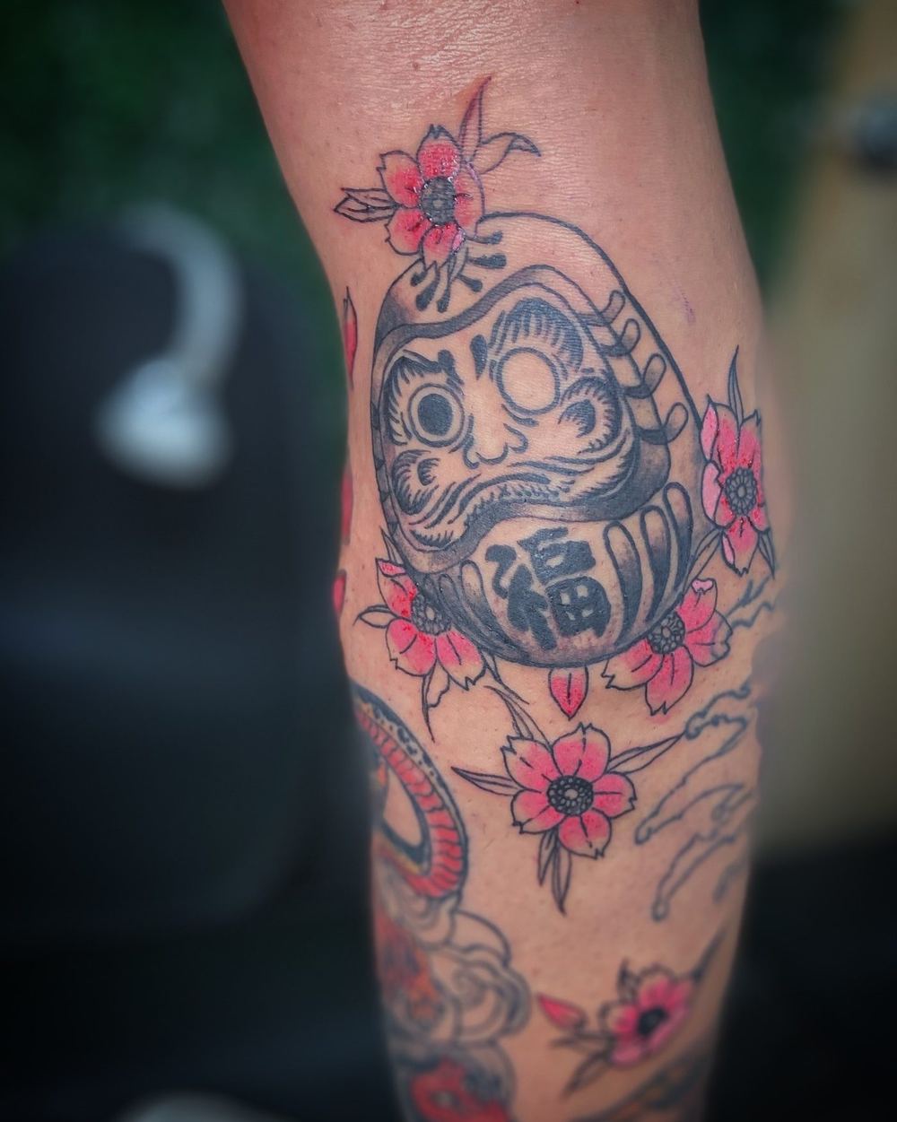 Daruma con flores de cerezo a color