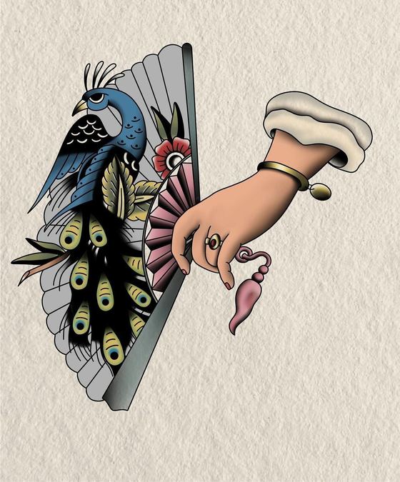 Abanico con pavo real, flash a color